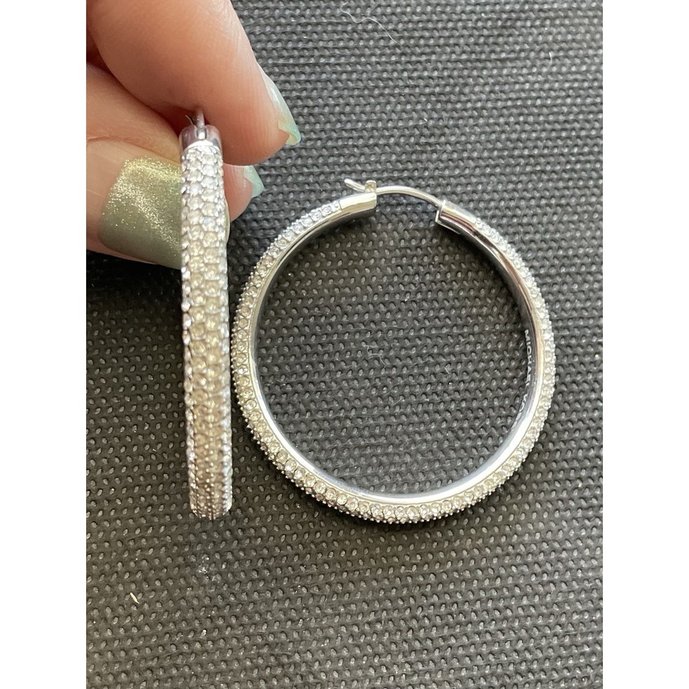 Michael Kors silver-tone pave hoop earrings Clear Stones Estate Jewelry
